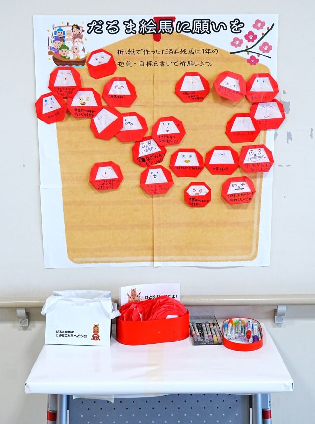 折り紙でつくっただるま絵馬に、あなたの1年の願いごとや抱負、目標などを書きませんか？

なお皆様に書いていただいただるま絵馬は、掲示期間終了後に地元の神社でお焚き上げをしていただく予定です。

#門真市民プラザ #だるま絵馬
#お焚き上げ #2026年 #お願い事